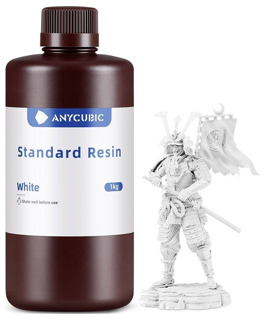 Anycubic Standard Resin hvid 1kg flaske ved siden af en hvid 3D-printet samurai-figur, der viser harpiksen til print af modeller.