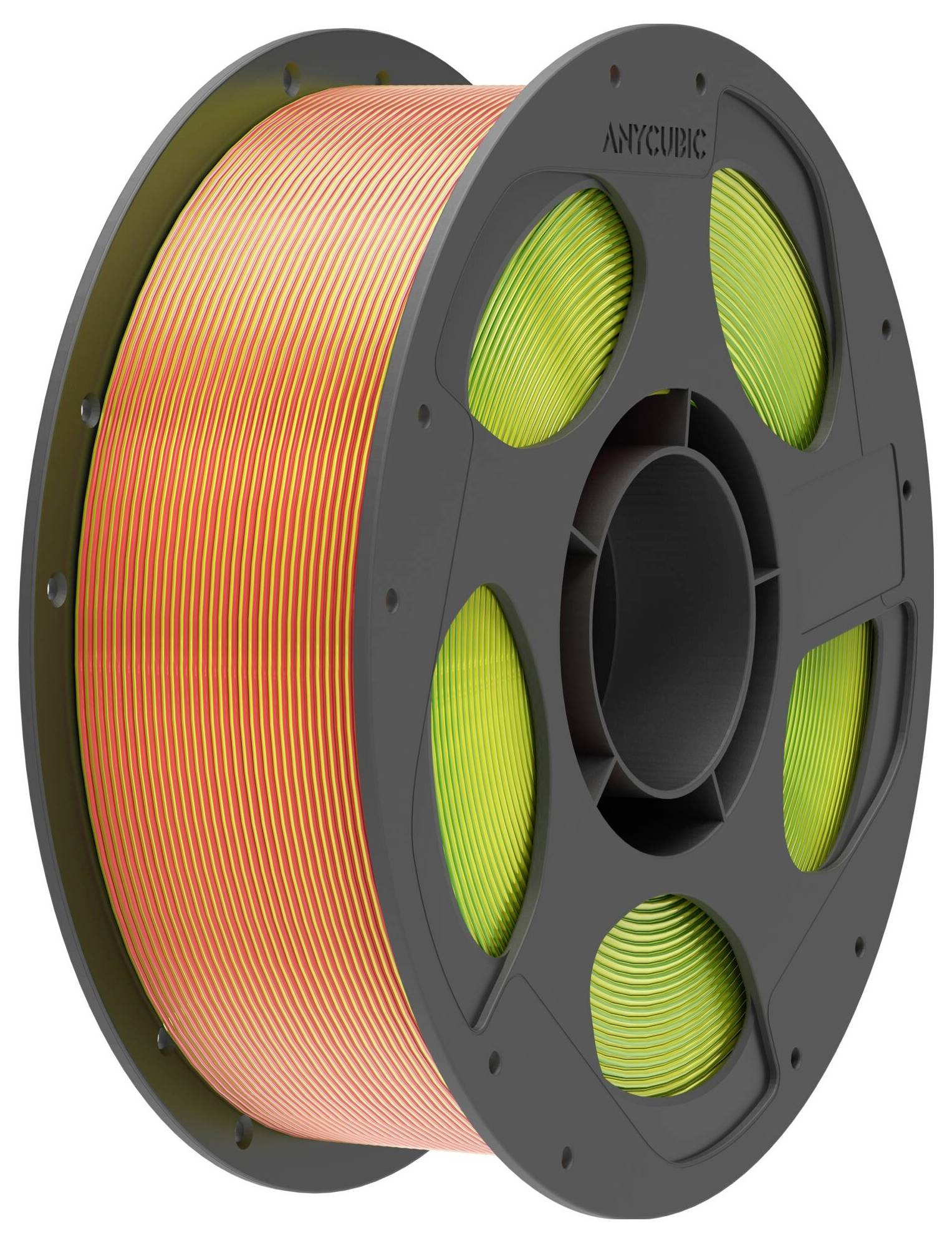Spole af orange 3D-printer-filament med sort hjul og grønt filament synligt gennem egerne.