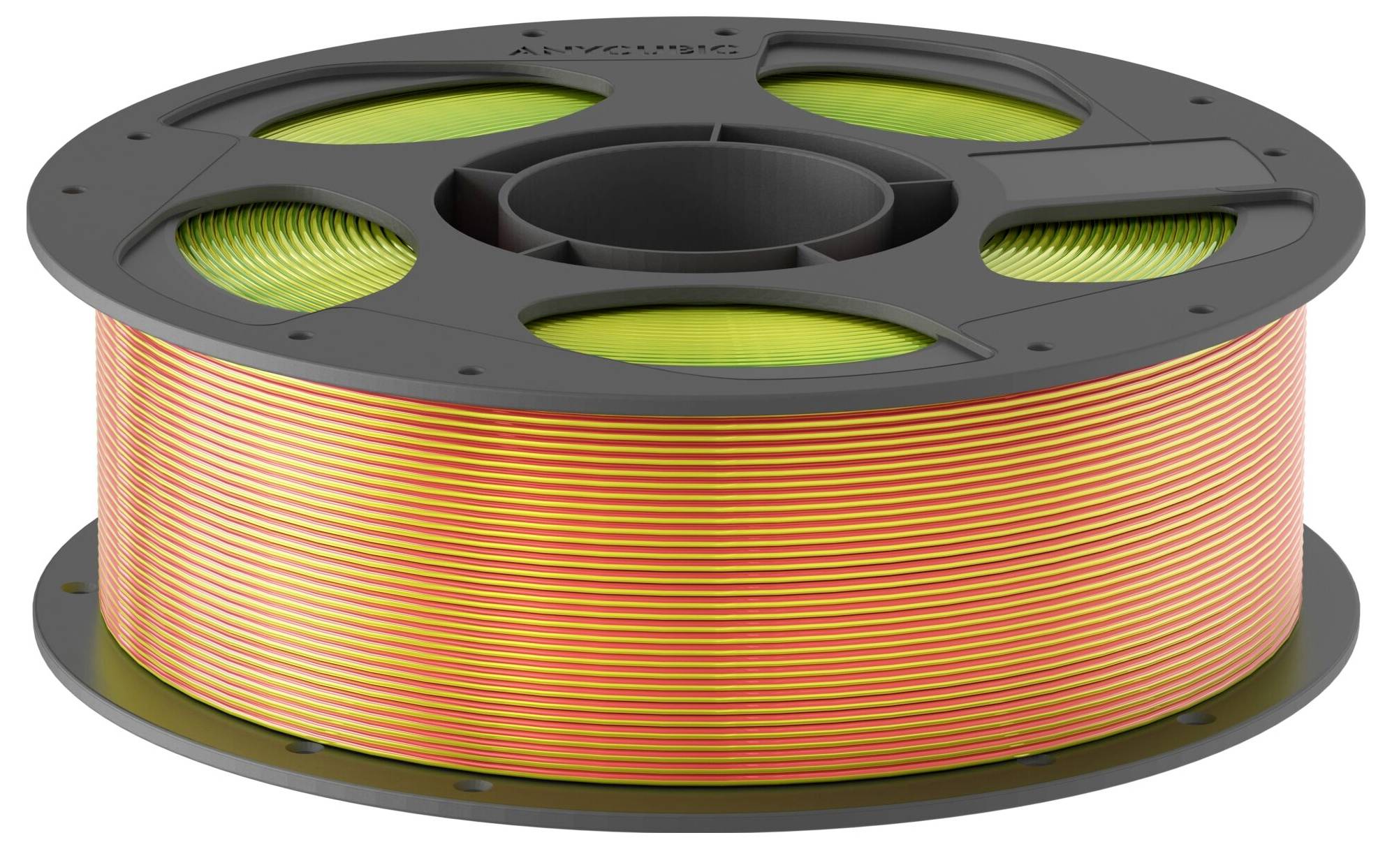 En stor spole med orange isoleret tråd eller filament på en mørk plastik spole, vist i nærbillede på en hvid baggrund.