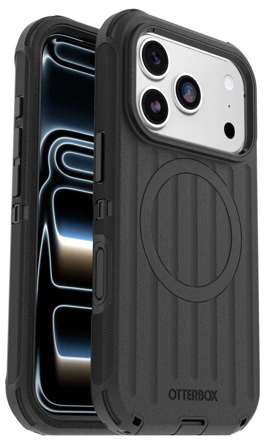 To OtterBox iPhone-etui i sort vist forfra og bagfra, med udskæring til kamera og cirkulær MagSafe-lignende ring på bagetui.