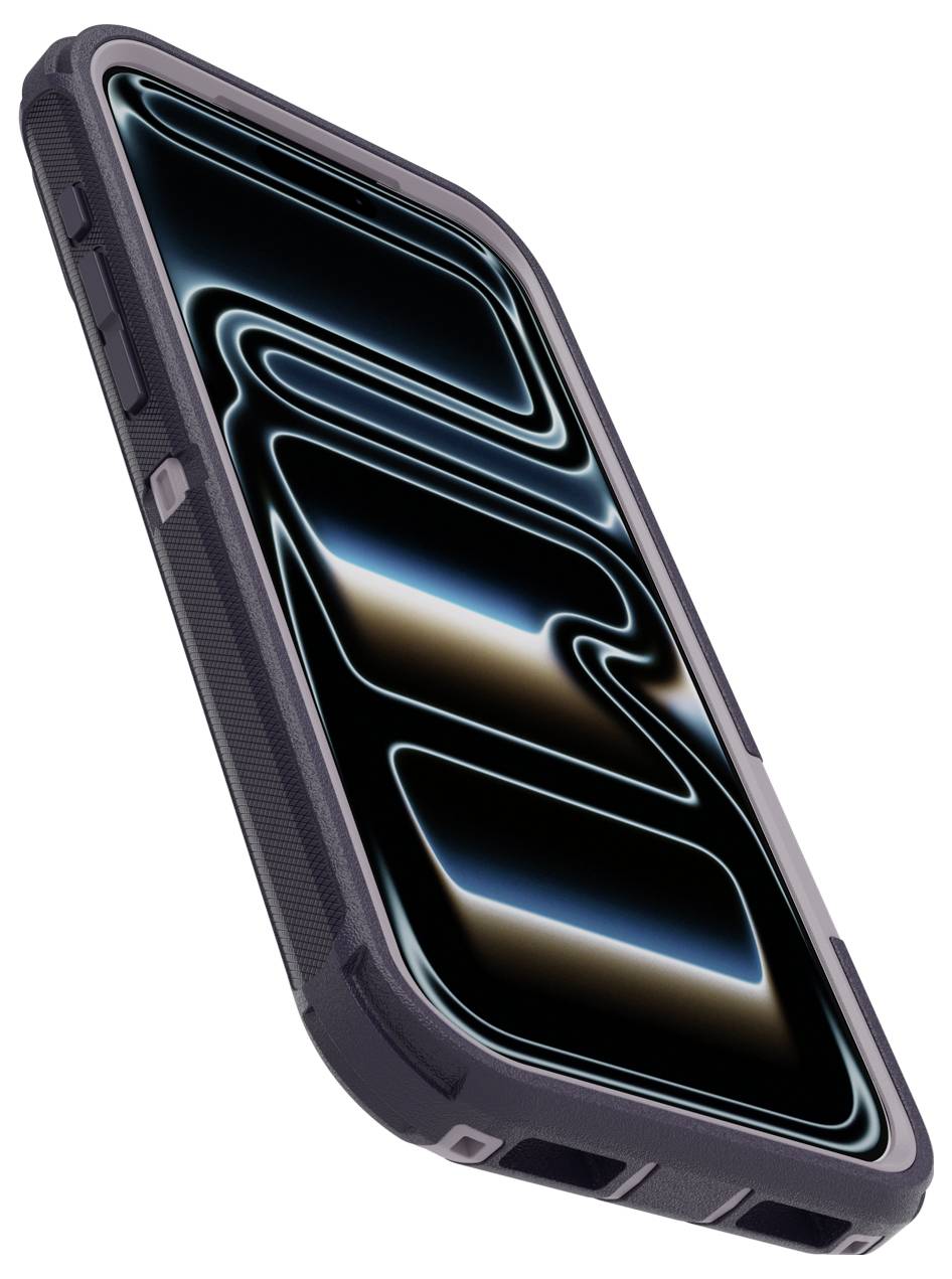 Vinklet visning af ethuggert sort smartphone-cover med forhøjede kanter, vist på hvid baggrund.
