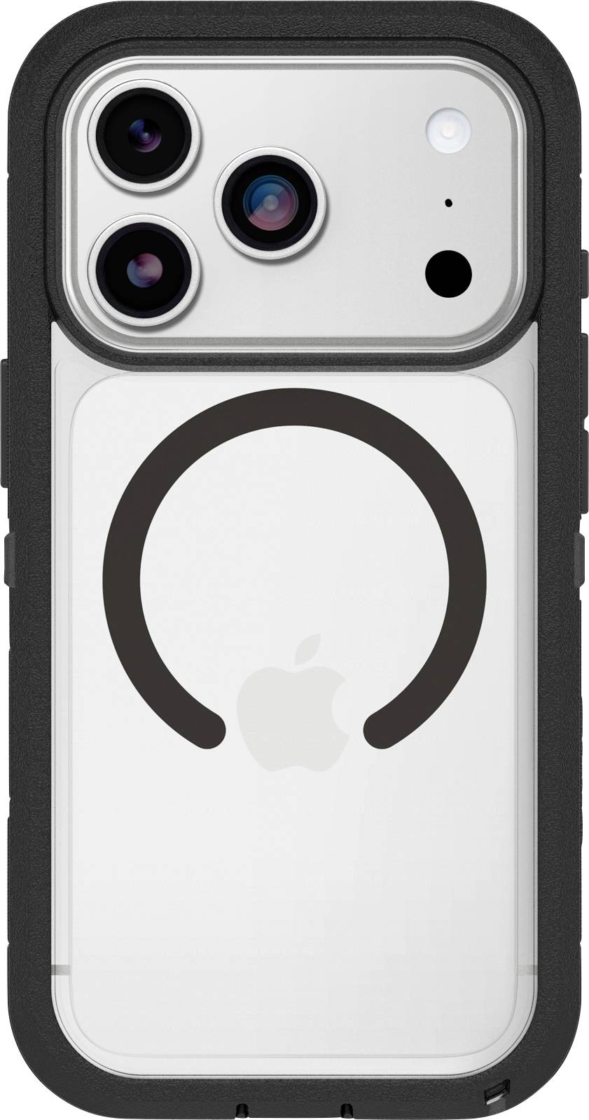 Bagside af en iPhone med et sort beskyttelsescover, som viser triple-kamera-modulet og den centrerede MagSafe-ring.