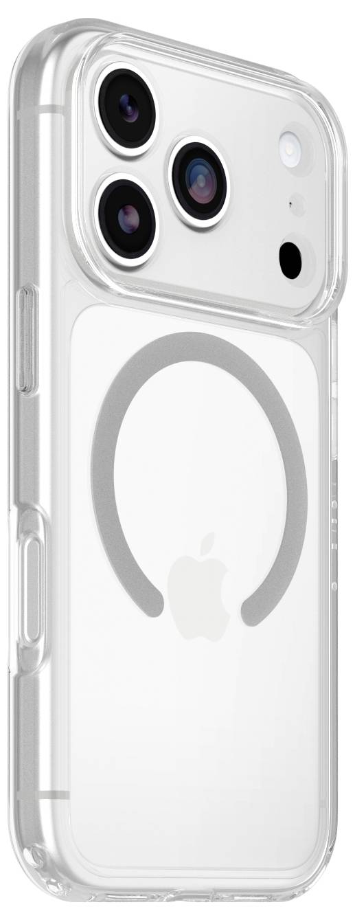 Klar iPhone-etui med MagSafe-ring, vist på bagsiden af en hvid iPhone 16 Pro med tredobbelt bagkamera.