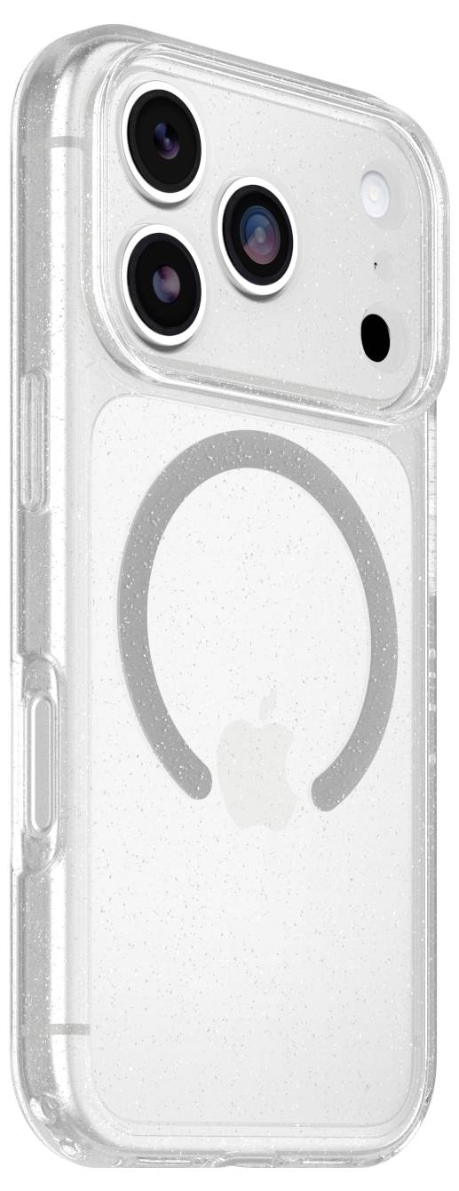 Gennemsigtig iPhone-etui med en MagSafe-ring og udskæring til tredobbelt kamera på en hvid baggrund.
