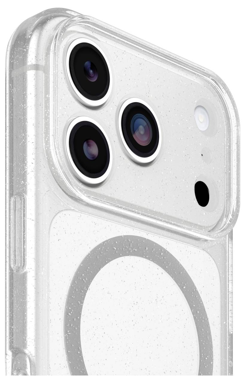 Nærbillede af et gennemsigtigt iPhone-cover, der viser det bageste triple-kamera-cluster og MagSafe-ringen.