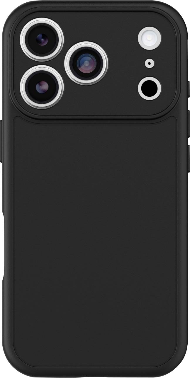 Sort smartphonecover med forhøjet tredobbelt-kamera-udskæring og blitzåbning på bagsiden.