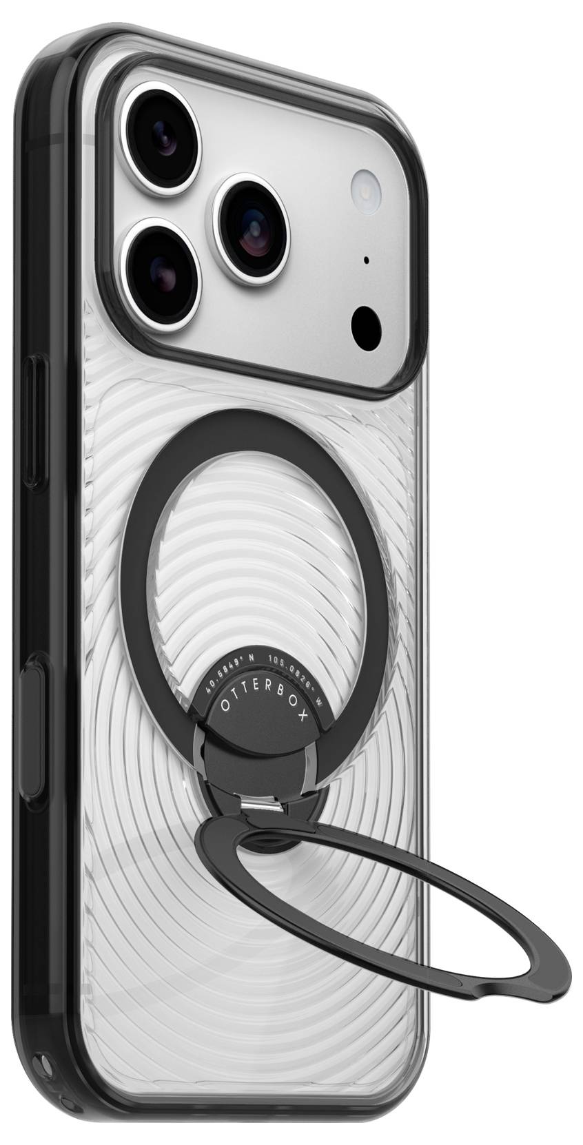 Gennemsigtig telefonetui med integreret MagSafe-ringstativ, vist på bagsiden af en smartphone.