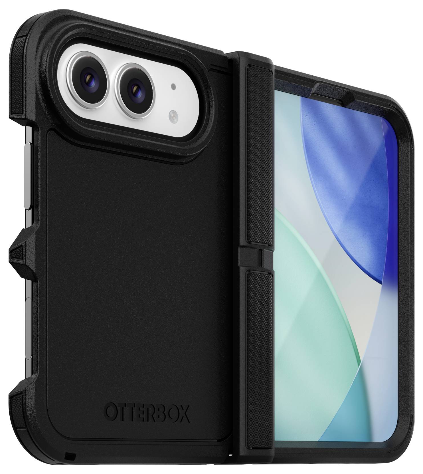 Sort OtterBox telefonetui med frontskærmbeskyttelse, vist på en smartphone, som fremhæver robust beskyttelse af kamera og display.