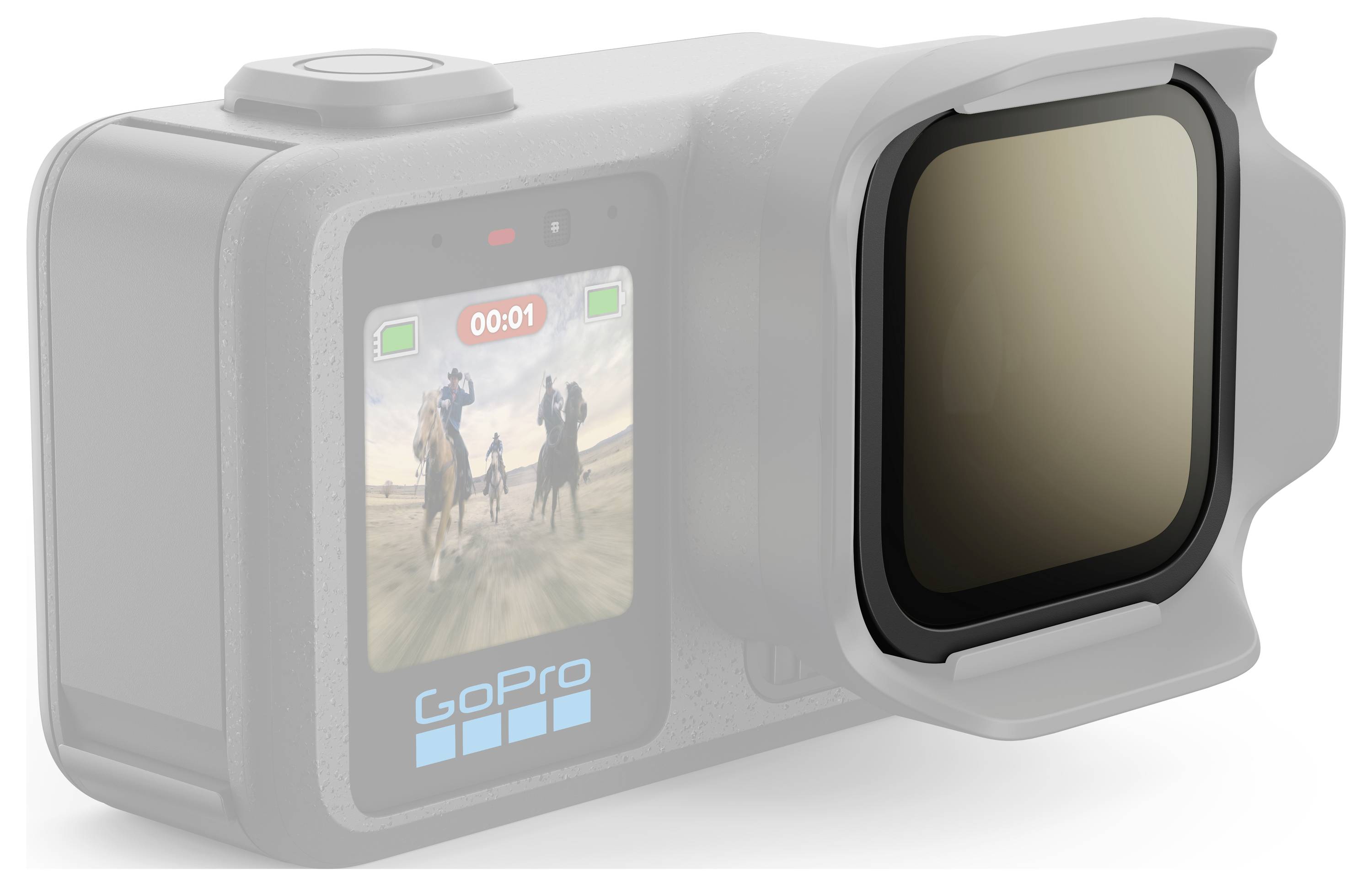 GoPro-kamerahus med et beskyttende linsedæksel på højre side og en bagskærm, der viser en ridescene og '00:01' optagelsetid.