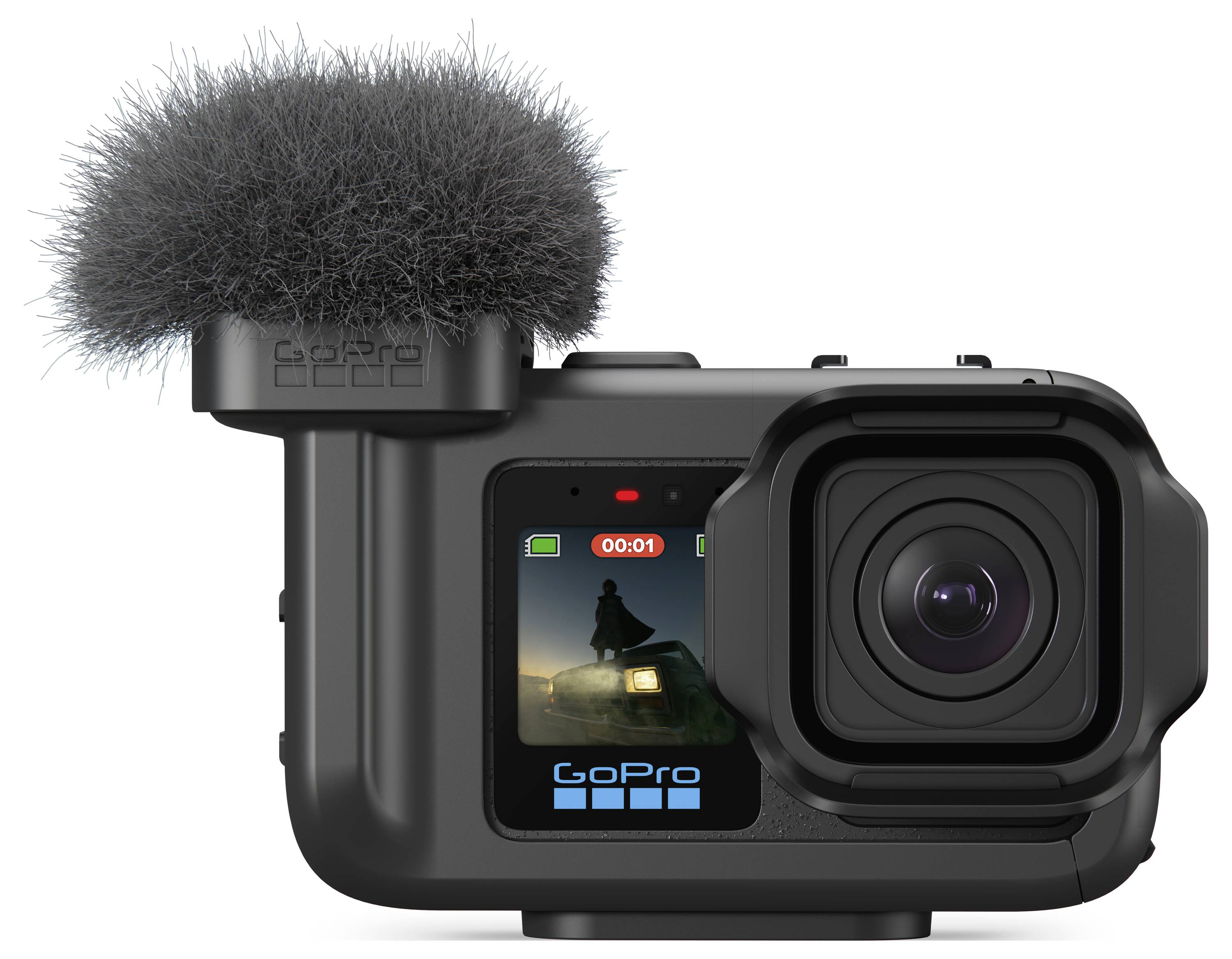 GoPro actionkamera med stort frontlinse, indbygget skærm og eksternt pelset mikrofon-vindstopper fastgjort på toppen.