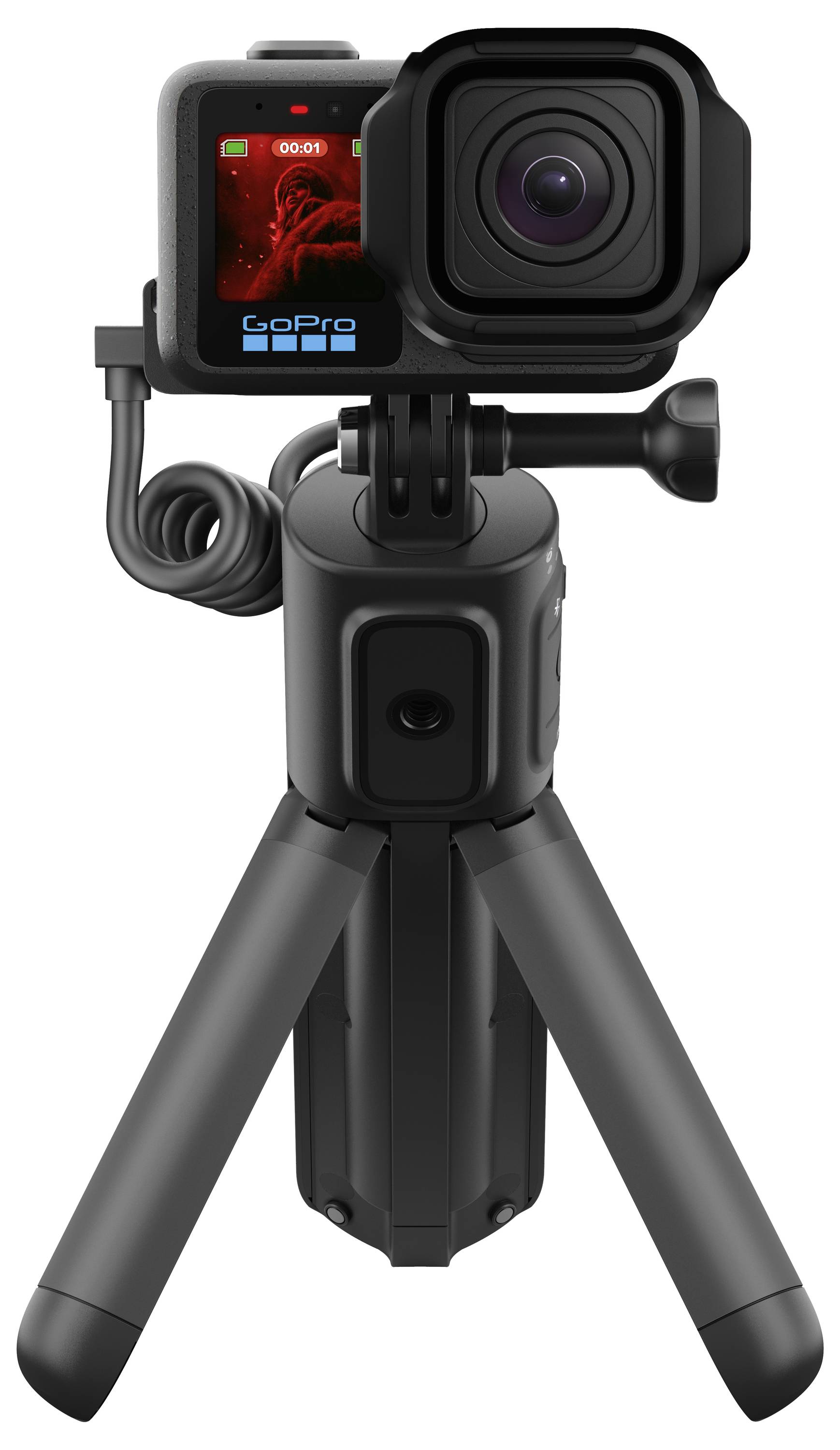Sort GoPro actionkamera monteret på et lille stativ, vist forfra på en hvid baggrund.