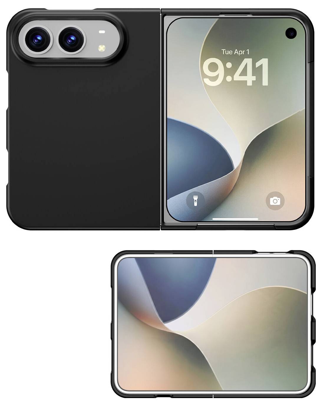 Foldeligt smartphone vist åbent og lukket, med dobbelte bagkameraer og et dækdisplay på forsiden.
