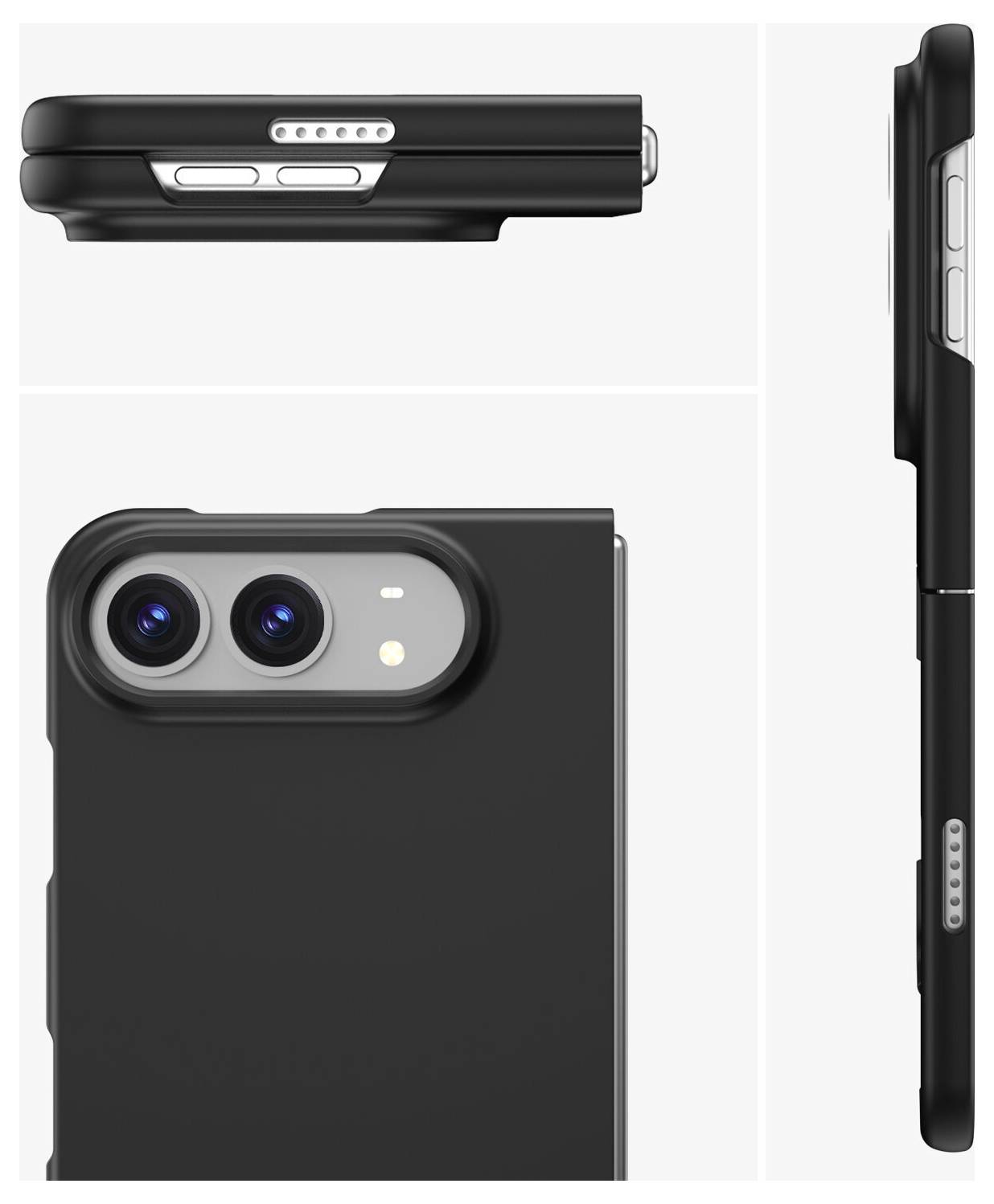 Sort smartphonecover vist fra top, bag og sideview, med hævet kamerabeskyttelse, dual kamera-udskæring og knappedækning på siden.