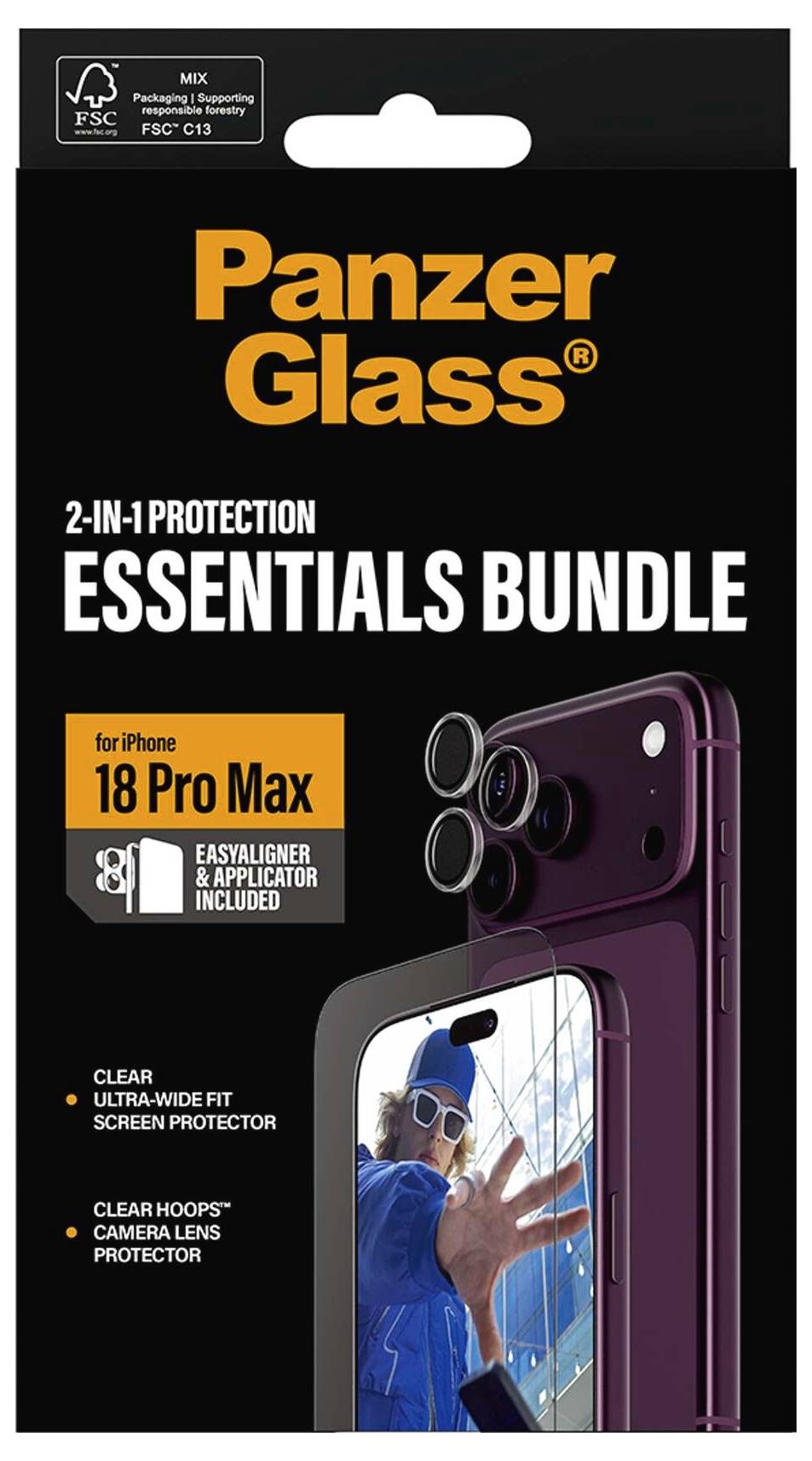 PanzerGlass Essentials Bundle til iPhone 18 Pro Max, 2-i-1 beskyttelse med skærmbeskytter, kameralinsebeskytter og nem applicator inkluderet.