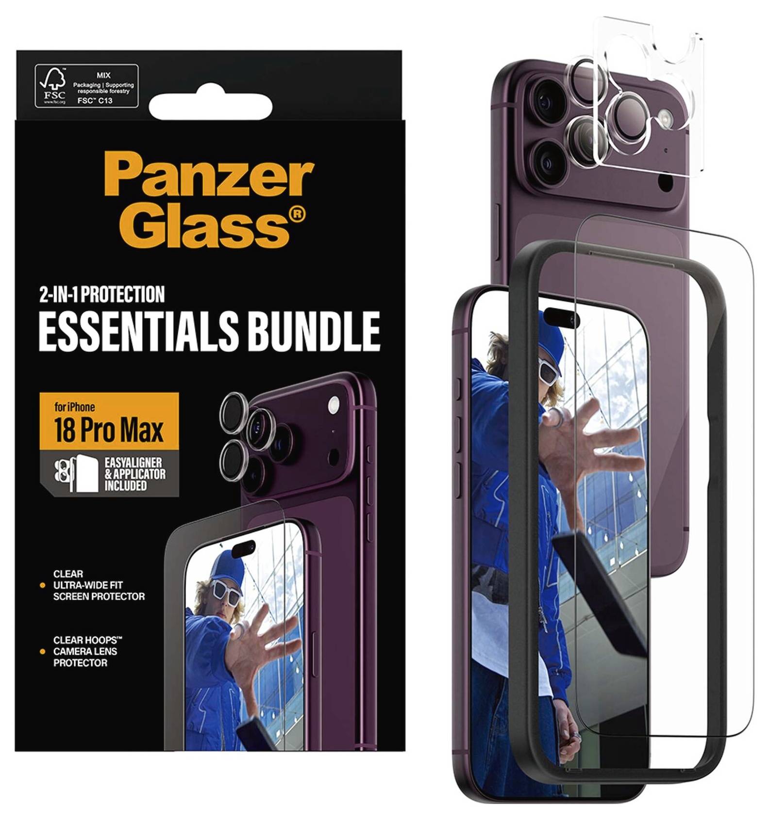 PanzerGlass Essentials Bundle til iPhone 18 Pro Max, der viser en skærmbeskytter og kameralinsebeskytter med casevenlelig pasform.