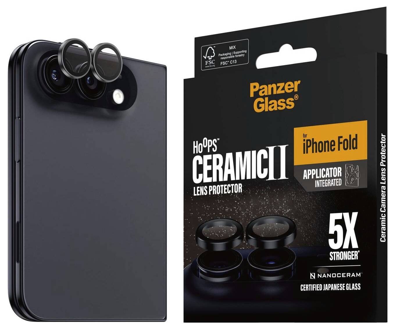 Produktbillede viser en iPhone Fold-kameralinsbeskytter og emballage mærket 'PanzerGlass HoOps Ceramic II', '5X stærkere' og 'Applicator integreret'.