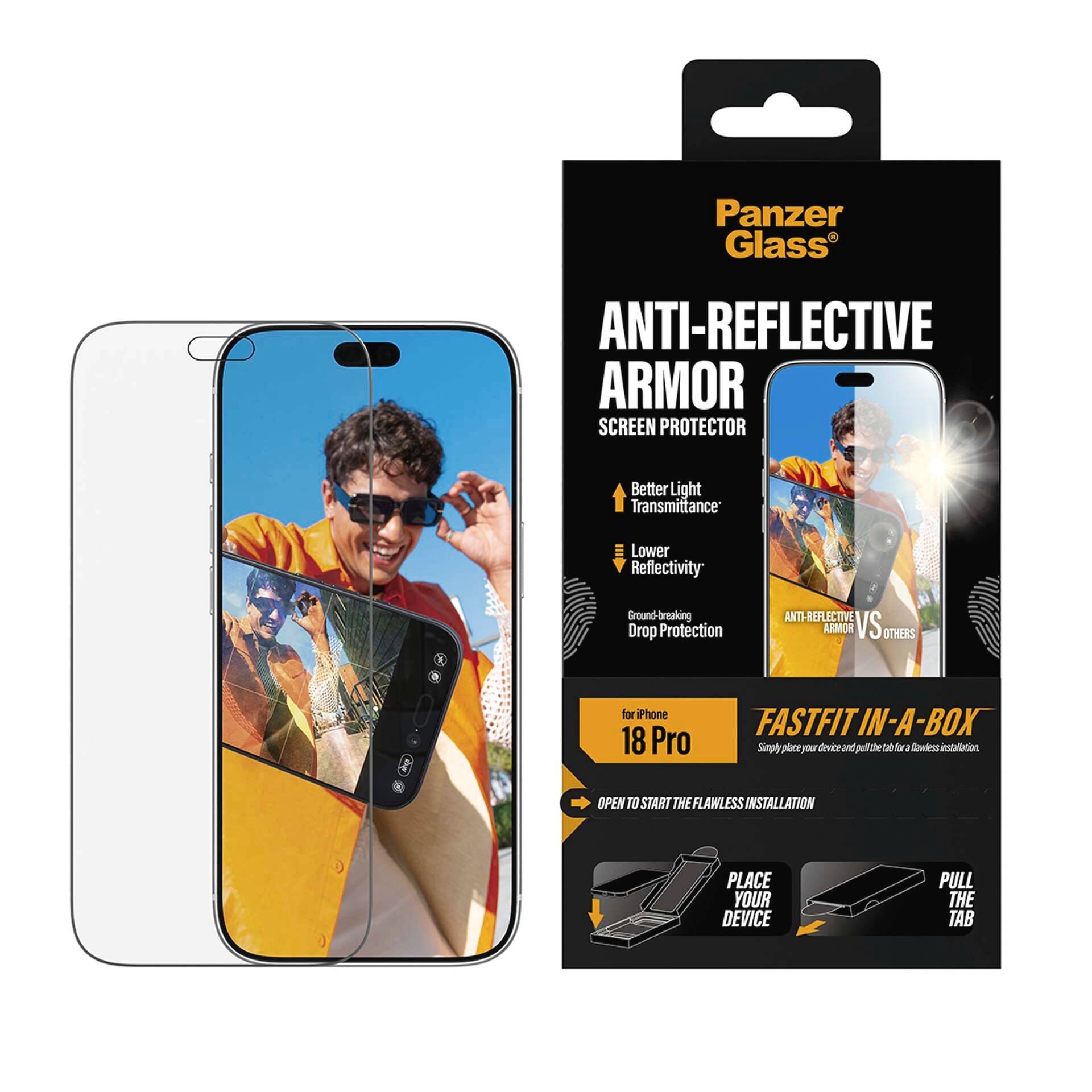 PanzerGlass anti-reflektiv armor skærmbeskytter til iPhone 18 Pro, vist med en telefondisplay før-og-efter og installationsinstruktioner på emballagen.