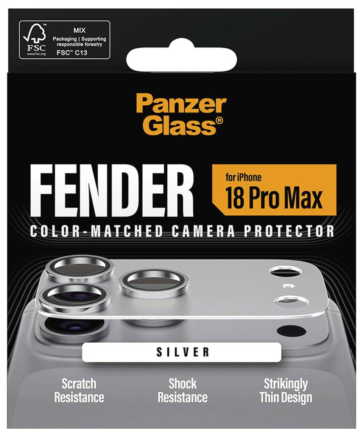 Emballage til PanzerGlass Fender farvekoordineret kamerabeskytter til iPhone 18 Pro Max i sølv, der fremhæver ridsebestandighed, stødbestandighed og tynt design.