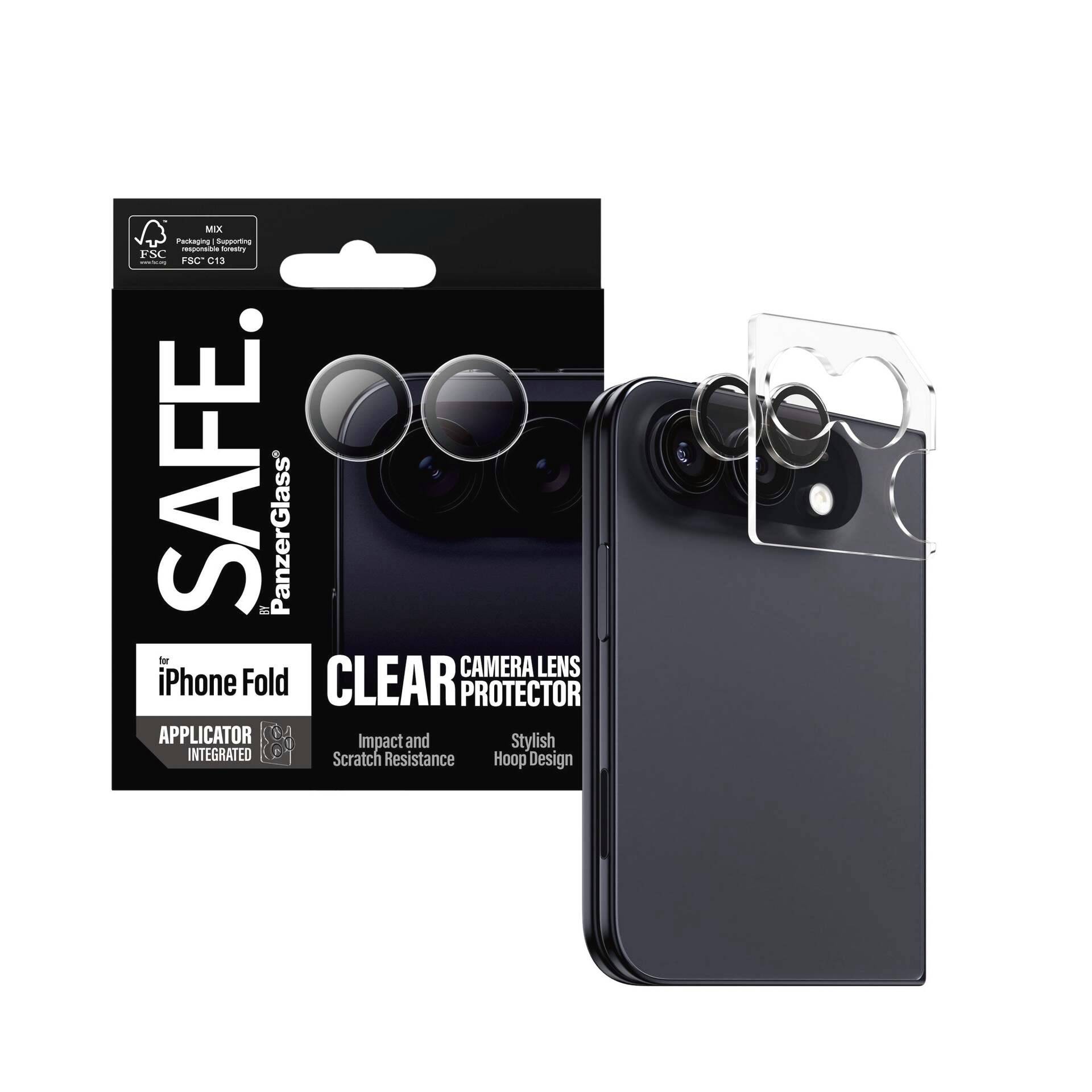 Produktbillede af SAFE PanzerGlass klar kameraobjektivbeskytter til iPhone Fold, der viser emballagen og det transparente beskyttende linsedæksel installeret på telefonens kamera.