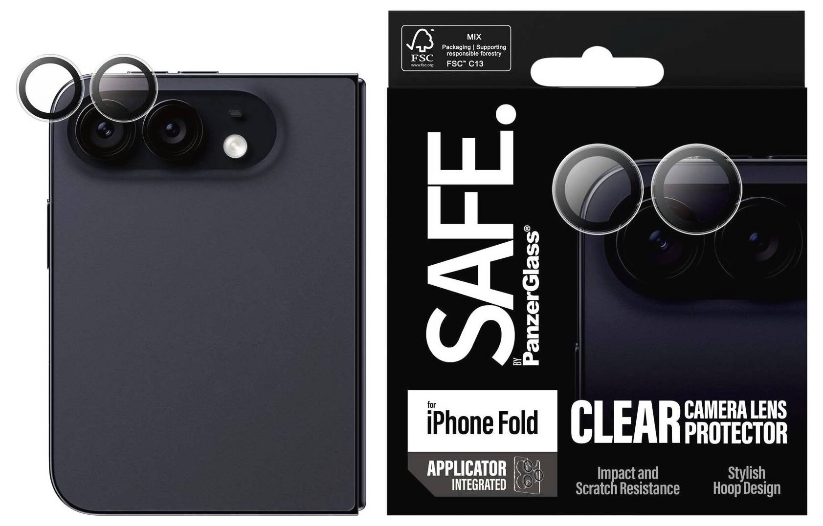 Emballage til SAFE af PanzerGlass klar kameralinse-beskytter til iPhone Fold, der viser etui og to linseringe på telefonens kameraområde.