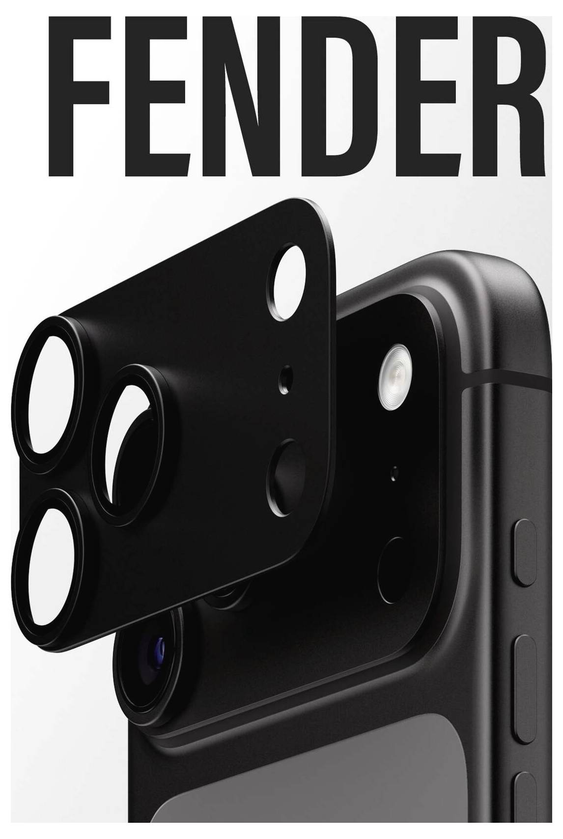 Sort smartphonecover med hævet kameralinsebeskyttelse, mærket "FENDER" øverst.