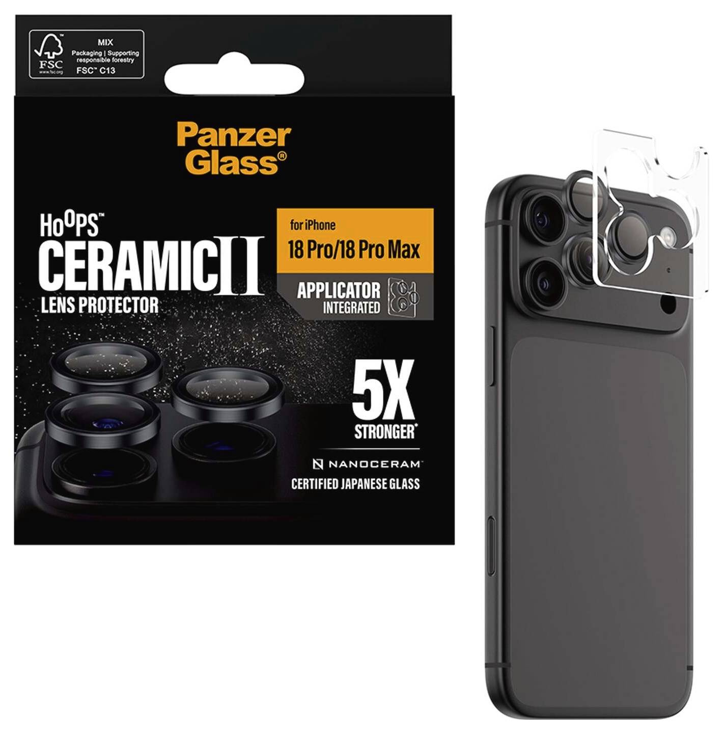 PanzerGlass HoOps Ceramic II linsebeskytter til iPhone 18 Pro/18 Pro Max, med applicator, vist ved siden af en telefon med kameralinsedækslet installeret.