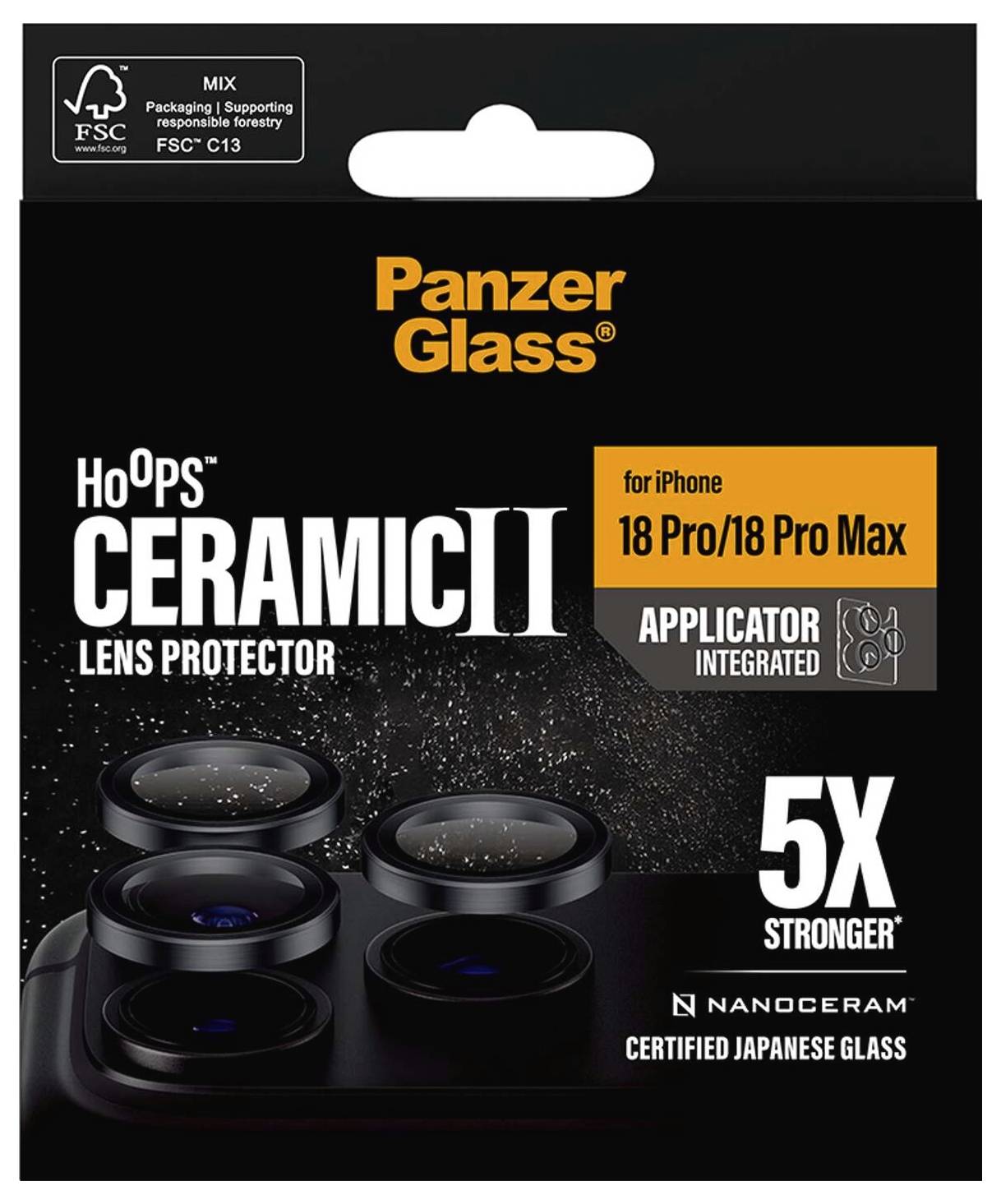 PanzerGlass HoOps CeramII linsebeskytter til iPhone 18 Pro/18 Pro Max, med integreret applikator og påstande om '5X stærkere' og 'NanoCeram certificeret japansk glas'.