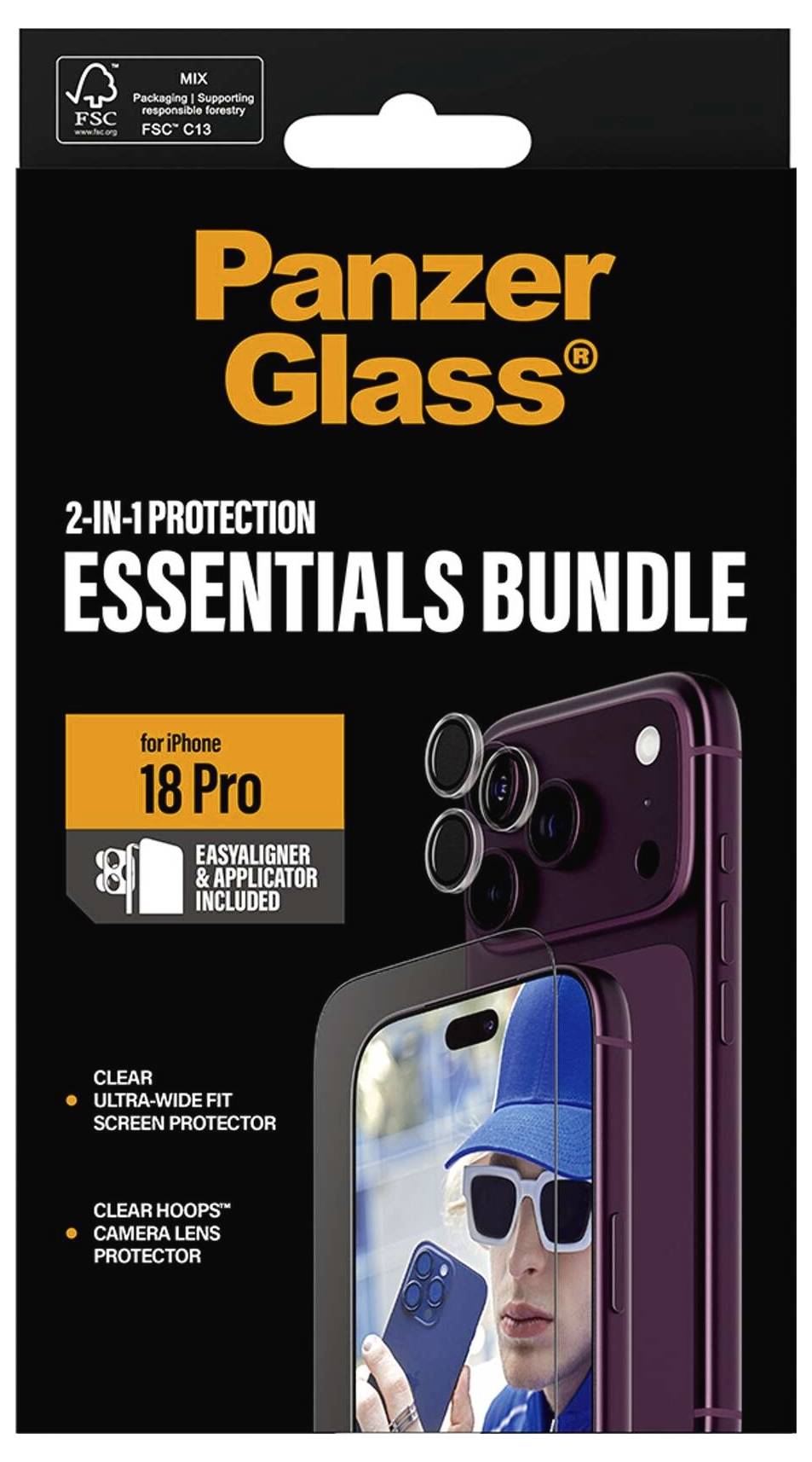 PanzerGlass Essentials Bundle til iPhone 18 Pro, 2-i-1 beskyttelse med skærmbeskytter og kameralinsebeskytter, nem justeringsværktøj inkluderet.