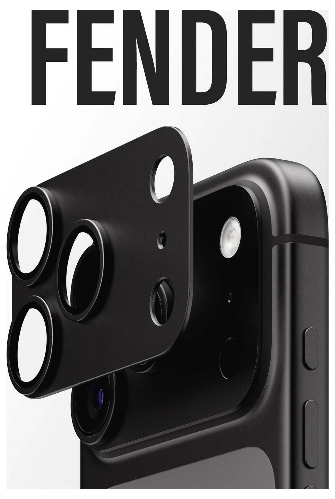 Promobillede af en sort iPhone-kameraobjektivbeskytter og etuibehør mærket 'FENDER', der viser en vinklet nærbillede af telefonens bagkamera-område.