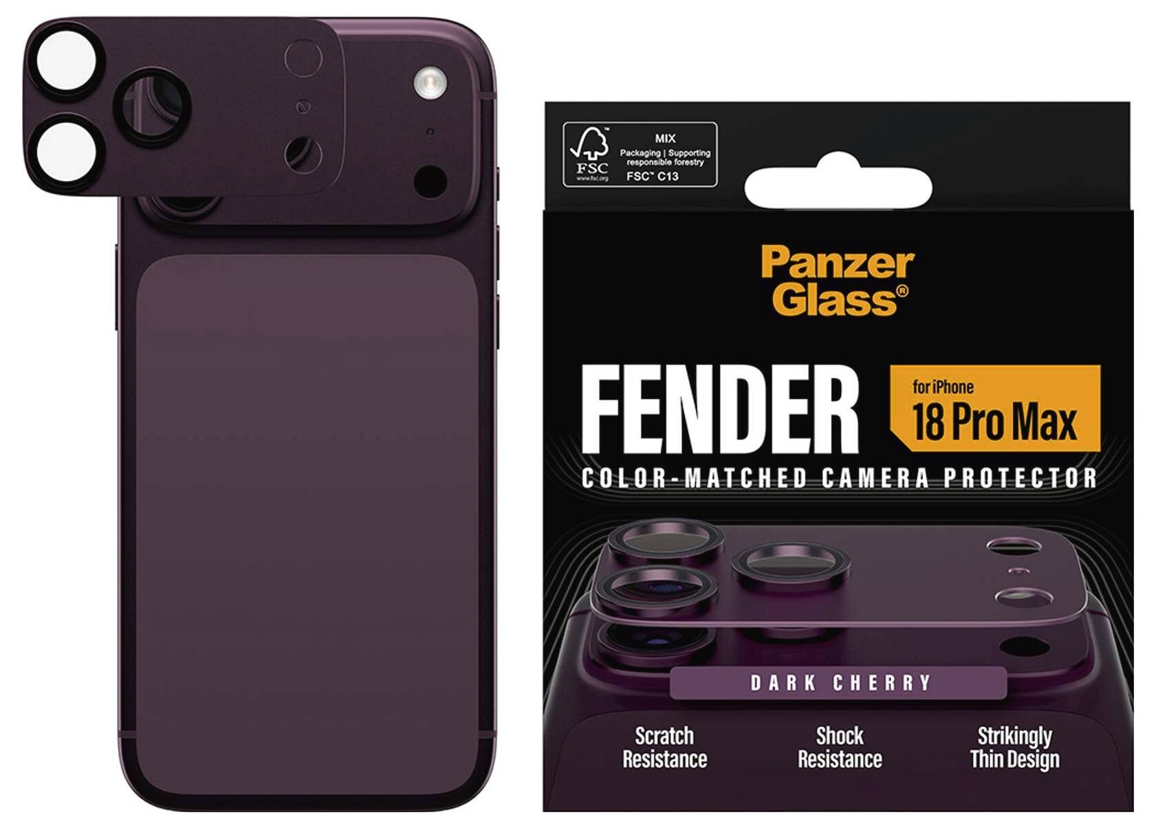 Mørk kirsebær PanzerGlass Fender farvesammenpasset kamerabeskytter til iPhone 18 Pro Max, vist med et matchende lilla kamermodul og detailhandelpakning, der fremhæver ridse- og stødresistens.