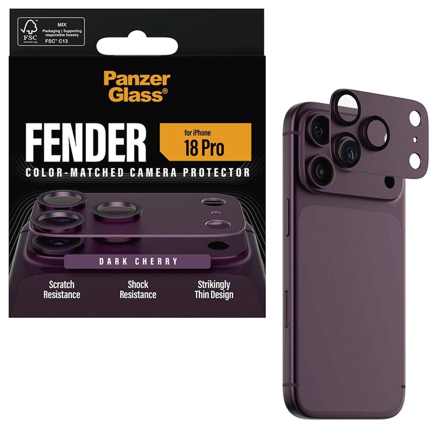 Emballage til PanzerGlass Fender farvesamordnet kamerabeskytter til iPhone 18 Pro, mørk kirsebær, med telefonbillede, der viser det beskyttende kameradæksel installeret på det bageste kameramodul.