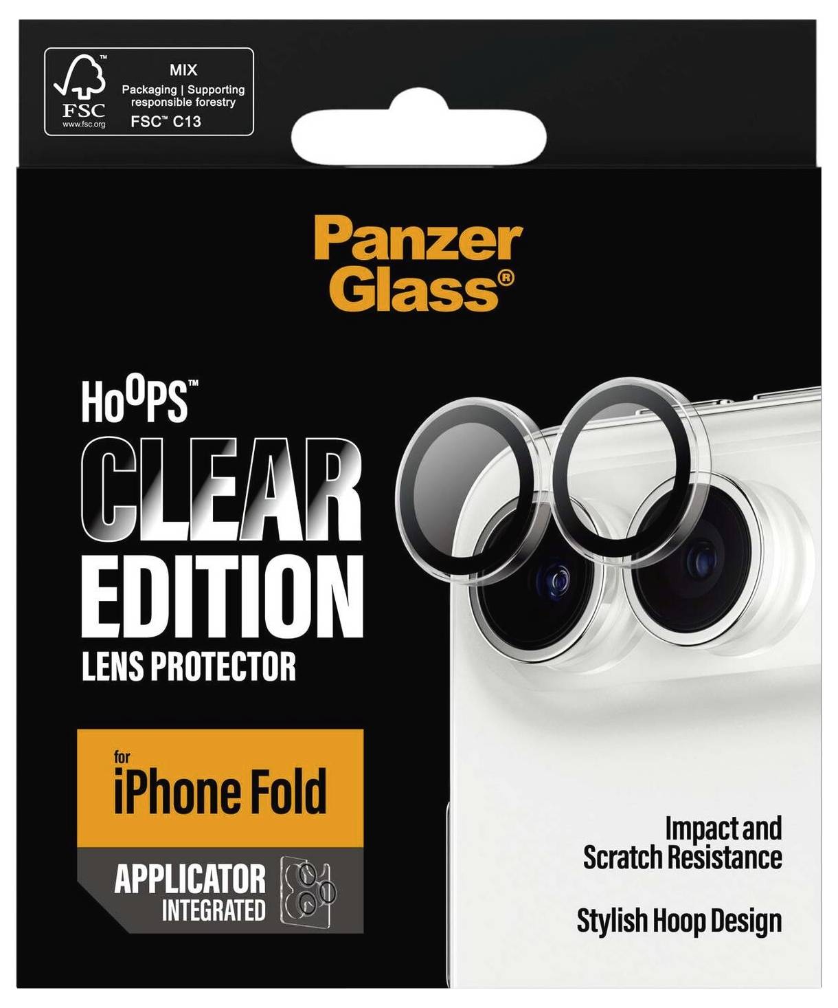 PanzerGlass HoOps Clear Edition linsebeskytter til iPhone Fold, med integreret applicator, påvirk- og ridseresistens, og stilfuldt bøjledesign.