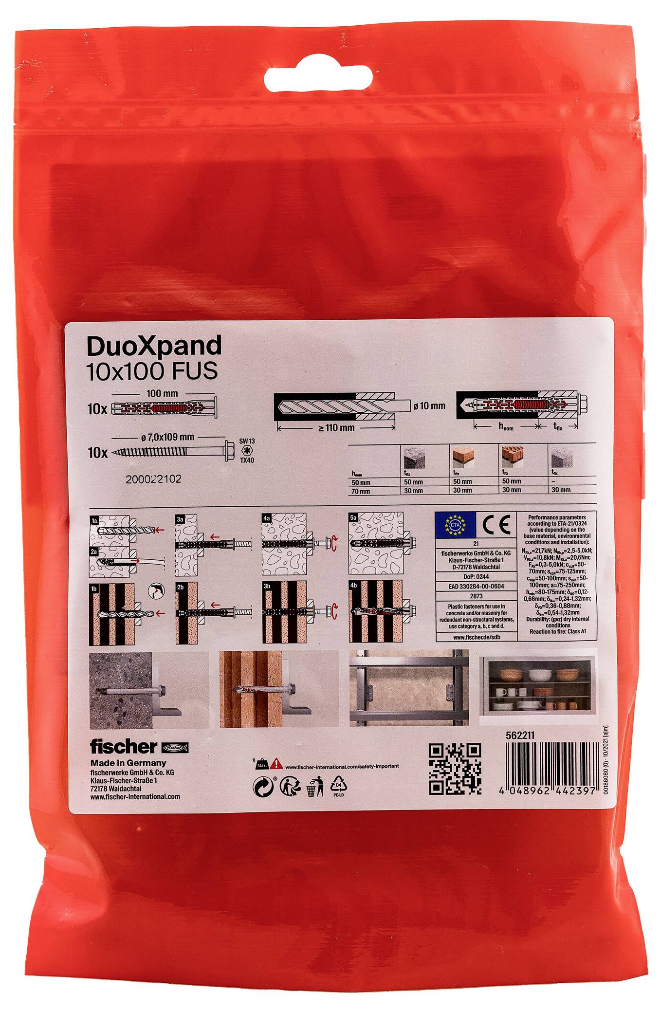 Orange pose med Fischer DuoXpand 10x100 FUS vægankre, med produktinstruktioner, diagrammer og stregkode på frontetiketten.