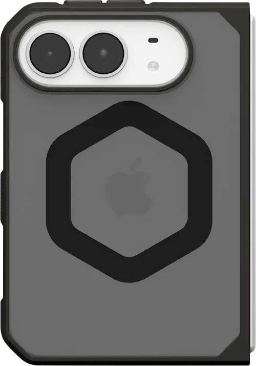 Gråt smartphonecover med hævet kamera-udskæring og en sort sekskantede MagSafe-lignende ring omkring et Apple-logo-udsnit