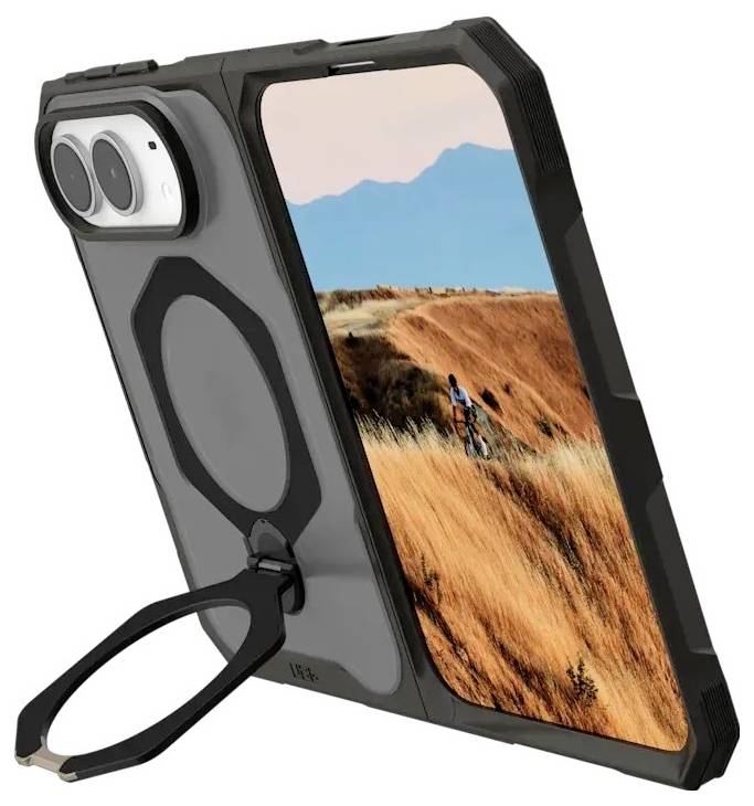 Sort robust smartphonecover med integreret ringstativ og håndledsstrop, vist på en telefon, der viser et landskabsfoto.