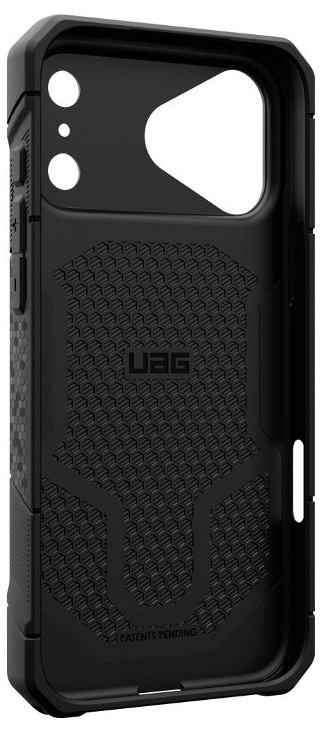 Sort robust UAG-smartphoneetui vist bagfra med udskæringer til kameraet og knapperne samt et struktureret grebpanel.