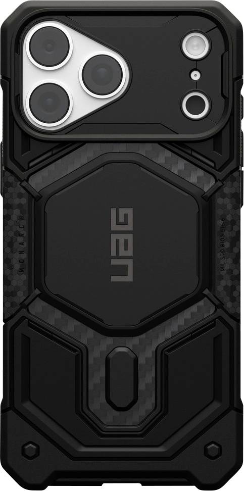 Sort robust telefoncover med hævede beskyttelseskanter og stort centralt 'uag'-logo, vist fra bagsiden for at fremhæve det tredobbelte kamerasnit.