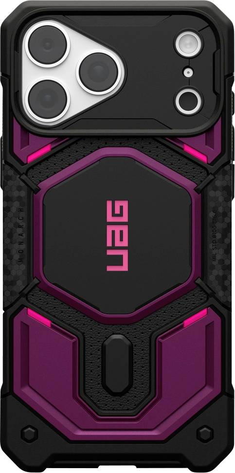 Sort og magenta robust telefoncover med forhøjet kameraluk og UAG-logo på bagsiden.
