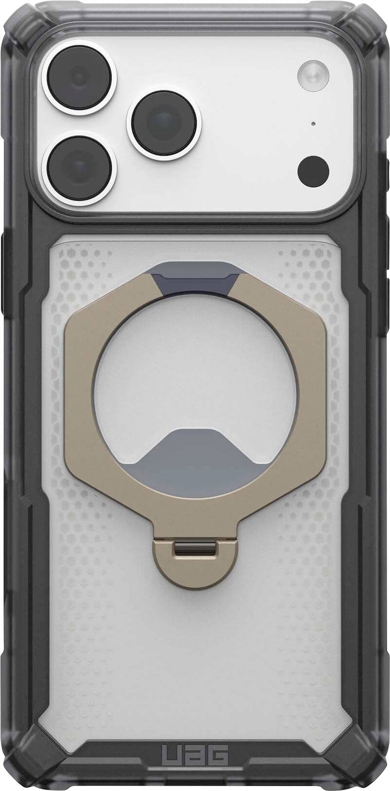 Klar telefoncover med indbygget beige ringgreb og grå akcentuer, vist på bagsiden af en smartphone med tredobbelt kamera.