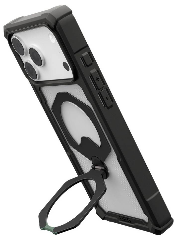 Sort robust smartphonecover vist fra siden, med indbygget kickstand og ringholdbar til fingeren på bagsiden.
