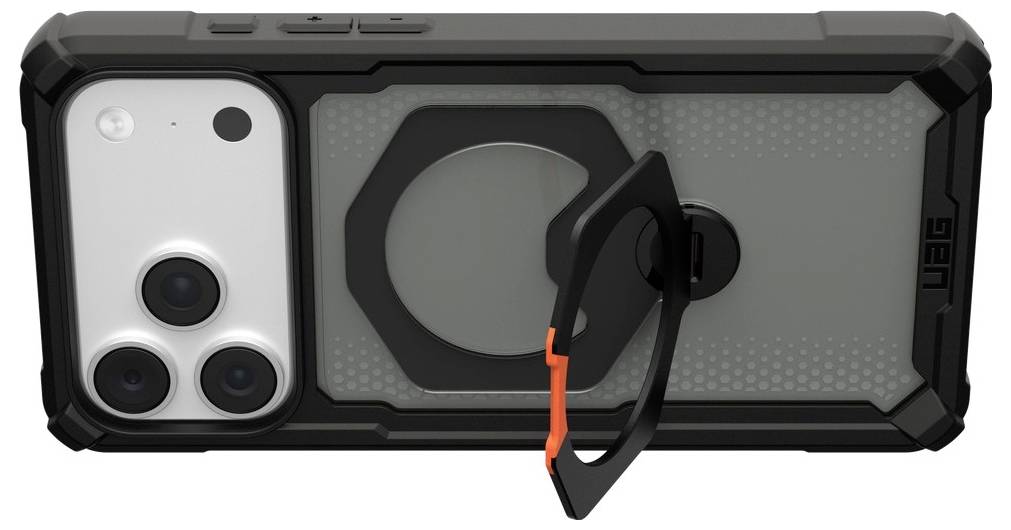 Sort robust telefonetui med et indbygget cirkulært stativ/håndremmen, vist på en smartphonebagsiden med kameraprydelse.