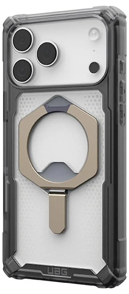 Smartphone-etui med integreret ringgrebs-stativ på bagsiden, vist i transparent grå beskyttende belægning.