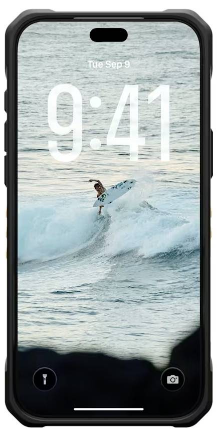 En iPhone-låseskærm viser en surfer, der rider på en blå bølge, med tiden 9:41 og datoen Tir 9 sep.