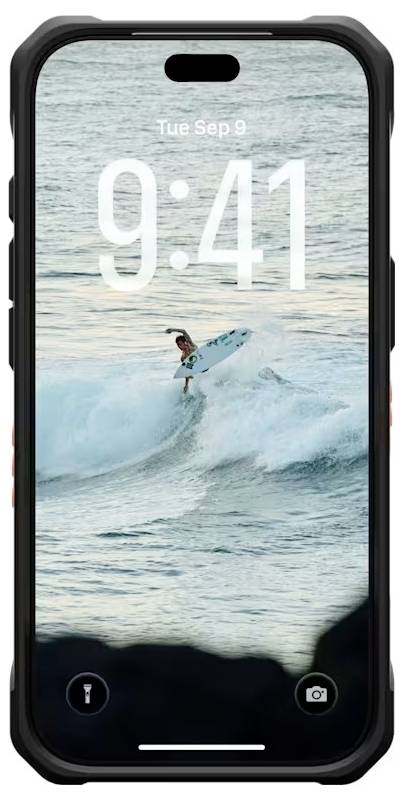 iPhone låseskærm, der viser en surfer, der rider en bølge, med 'Tirs sep 9' og tiden '9:11' vist over oceanet som baggrundsbillede.
