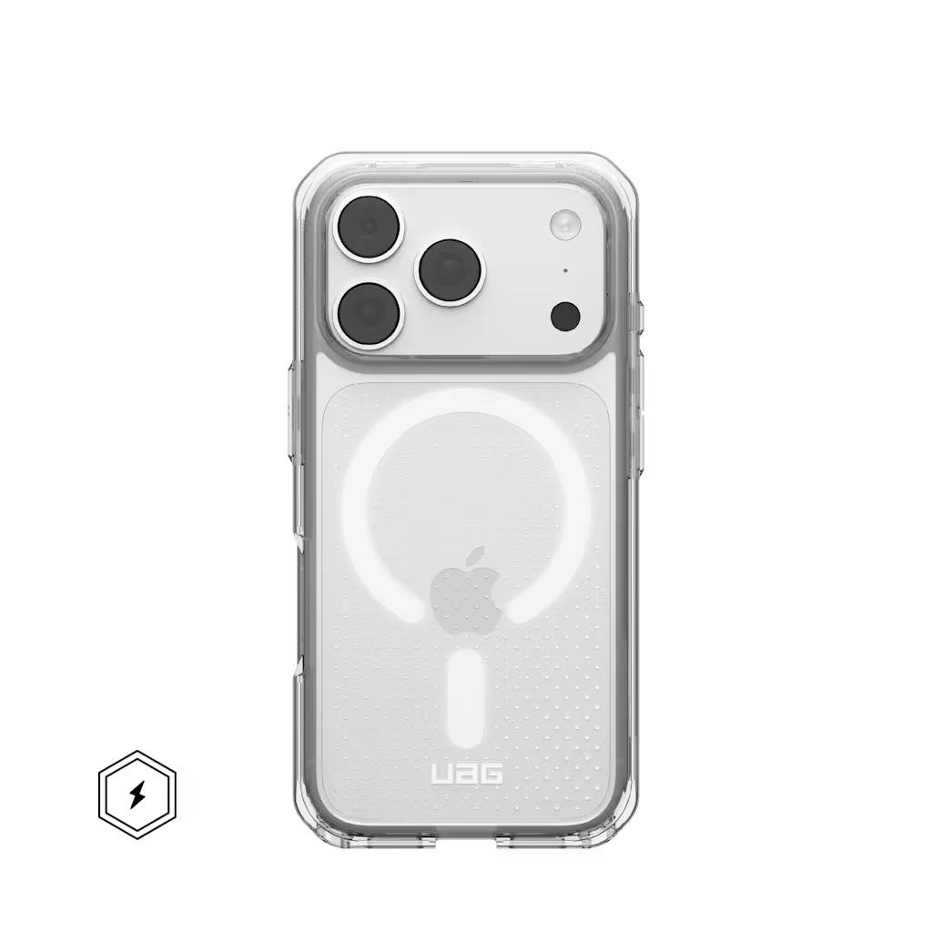 Klart UAG-telefonetui vist fra bagsiden, med en MagSafe-ring og Apple-logo synligt gennem det gennemsigtigt hvidt design.