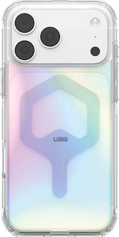 Gennemsigtig iPhone-etui med et pastellfarvet iriserend geometrisk mønster og UAG-logo, vist på bagsiden af en telefon med tredobbelt kamera