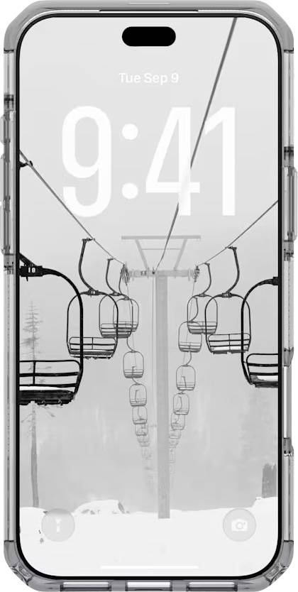 En iPhone-låseskærm, der viser et sort-hvidt skiløft i snebedækkede bjerge, med tiden 9:41 og datoen Tir Sep 9.