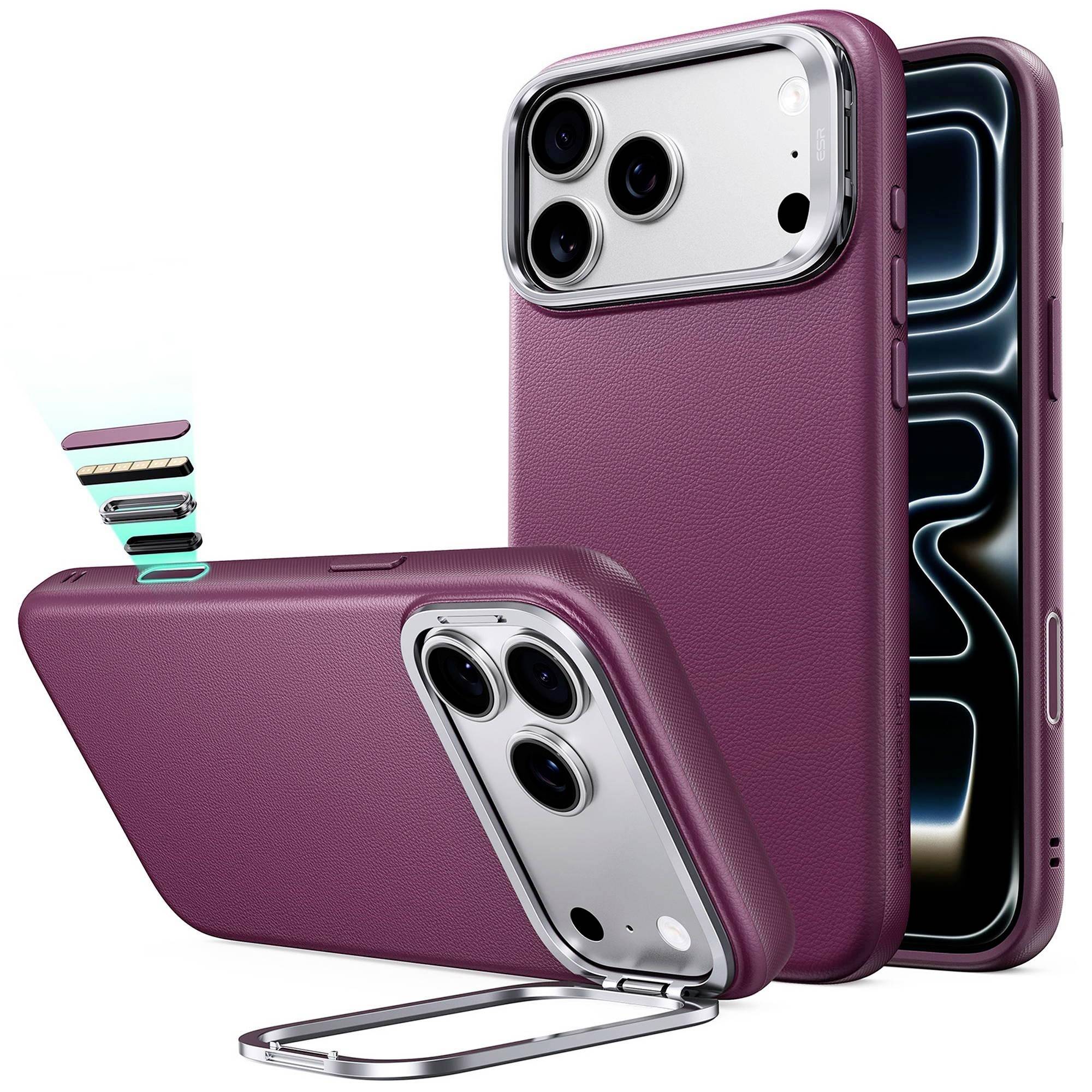 To lilla iPhone-covers vist på telefoner, en åben med et indbygget stativ og en anden oprejst med et indsænket kameraobjektiv og skærmbeskyttelse.
