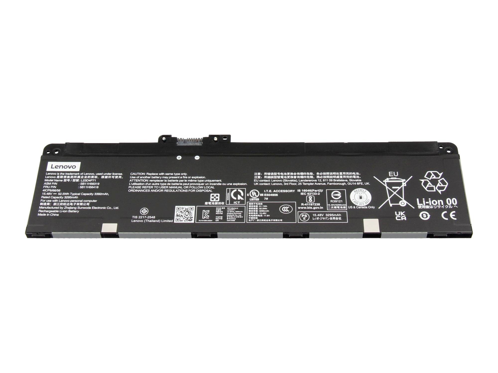 Lenovo-laptopbatteripakke vist på hvid baggrund med model- og sikkerhedsmærkater synlige.
