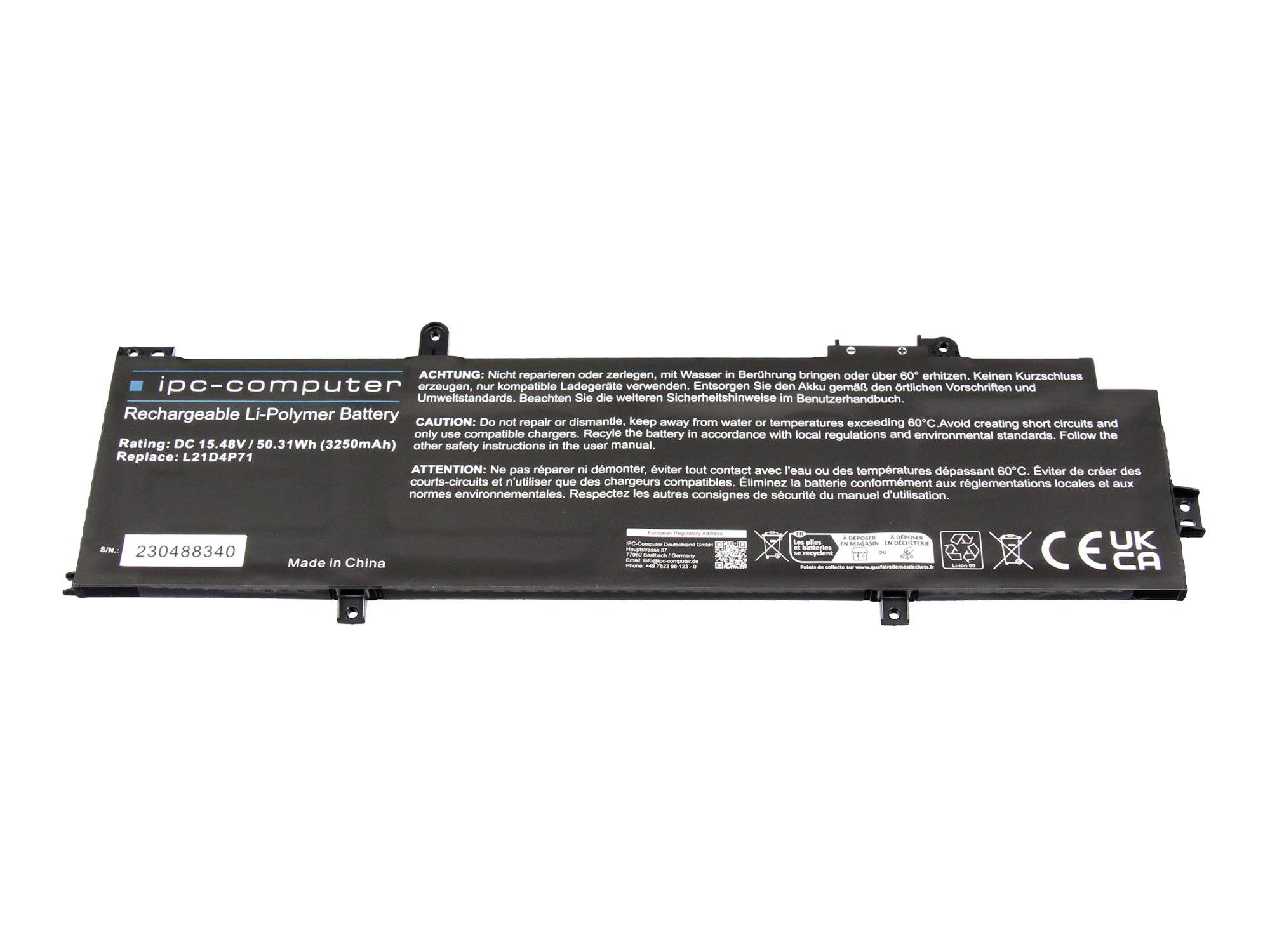 Sort genopladelig Li-Polymer bærbar computerbatteripakke mærket 'ipc-computer' med sikkerhedsadvarsler og modelinformation på hvid baggrund.